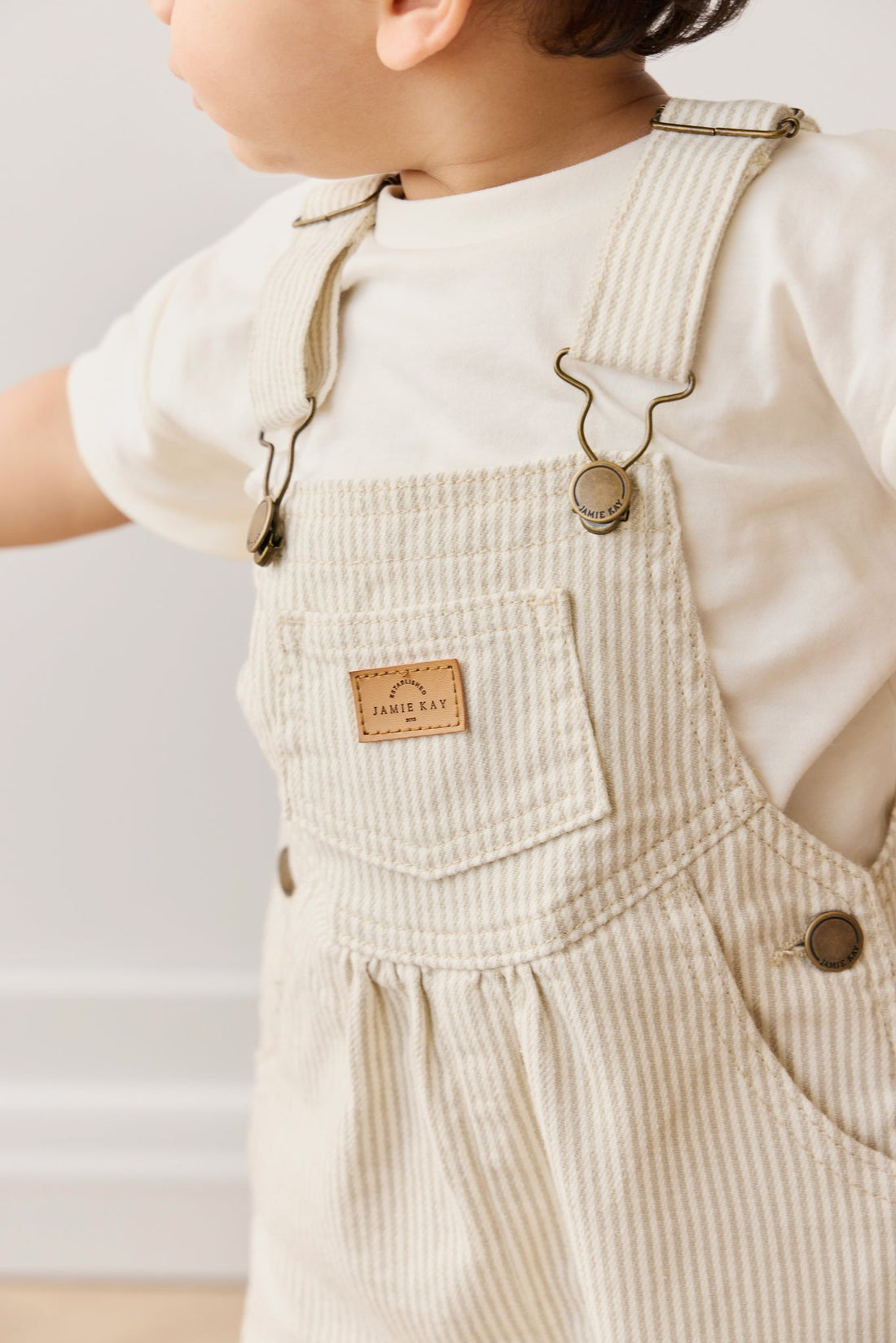Cecil Overall - Fine Vertical Stripe Sandy Brown/Cloud Childrens Overall from Jamie Kay Australia