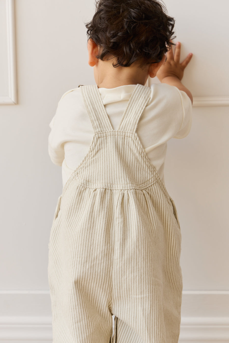 Cecil Overall - Fine Vertical Stripe Sandy Brown/Cloud Childrens Overall from Jamie Kay Australia