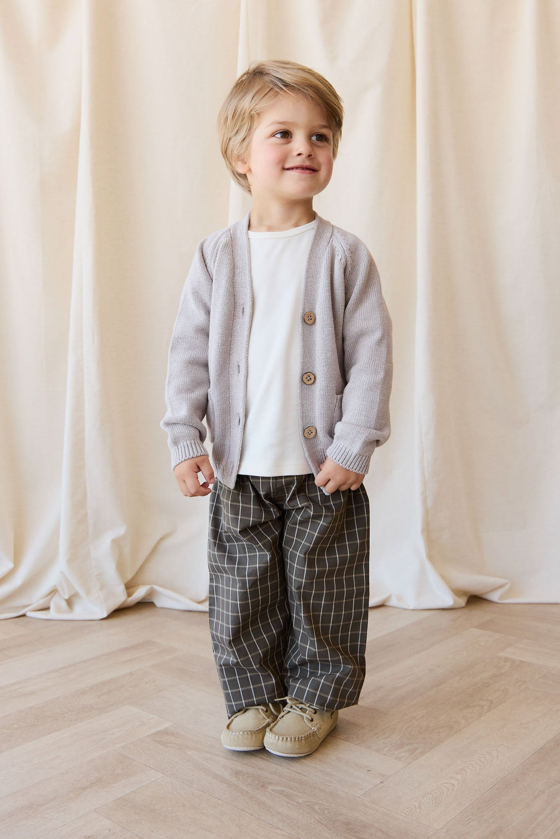 Organic Cotton Kingston Pant - Variegated Grid Tarmac Childrens Pant from Jamie Kay Australia