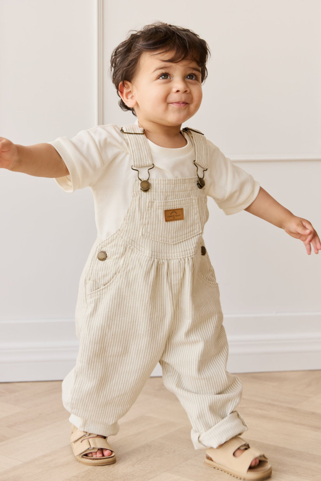 Cecil Overall - Fine Vertical Stripe Sandy Brown/Cloud Childrens Overall from Jamie Kay Australia