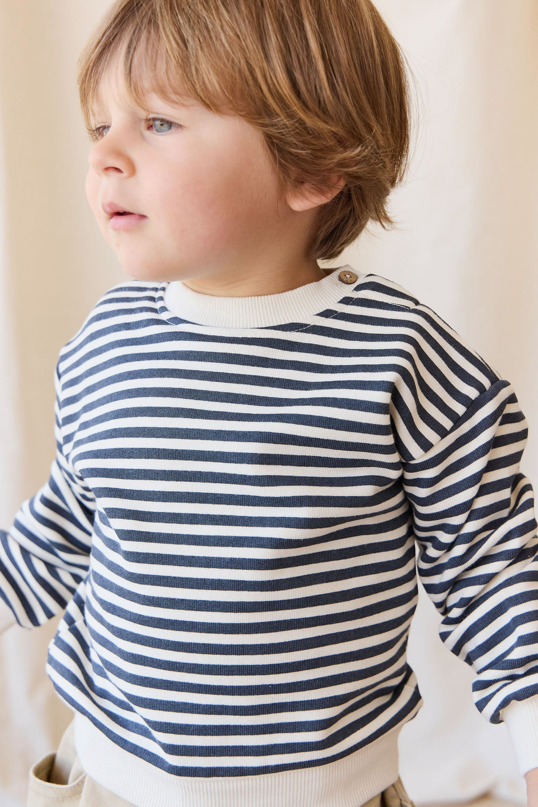 Organic Cotton Peyton Sweatshirt - Slim Stripe Charter/Cloud Childrens Top from Jamie Kay Australia