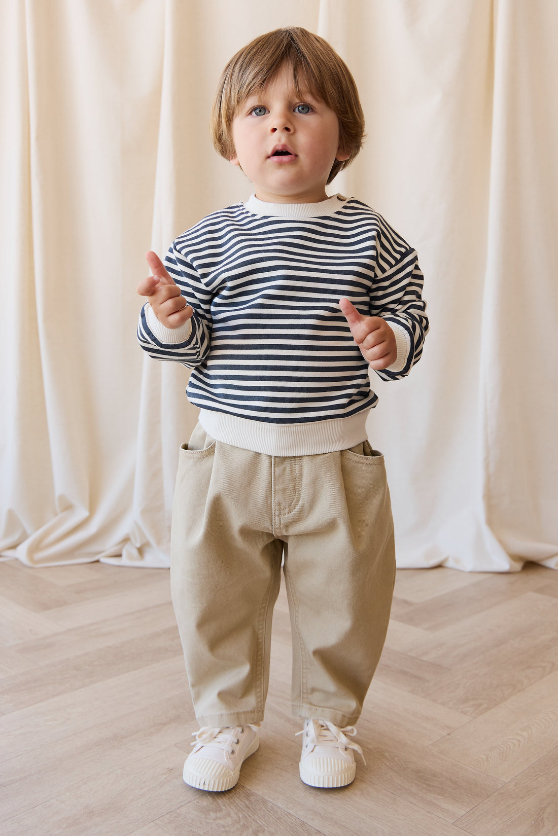 Organic Cotton Peyton Sweatshirt - Slim Stripe Charter/Cloud Childrens Top from Jamie Kay Australia