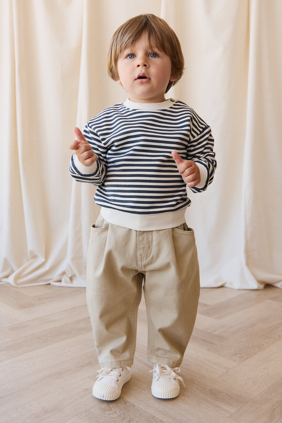 Organic Cotton Peyton Sweatshirt - Slim Stripe Charter/Cloud Childrens Top from Jamie Kay Australia