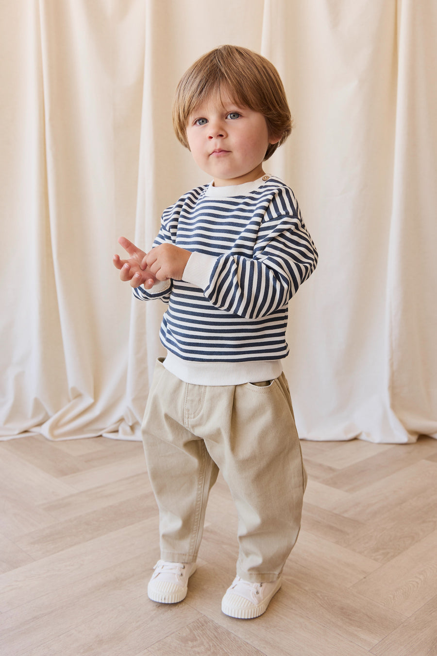 Organic Cotton Peyton Sweatshirt - Slim Stripe Charter/Cloud Childrens Top from Jamie Kay Australia