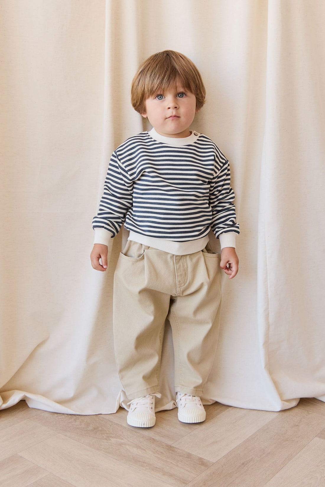 Organic Cotton Peyton Sweatshirt - Slim Stripe Charter/Cloud Childrens Top from Jamie Kay Australia