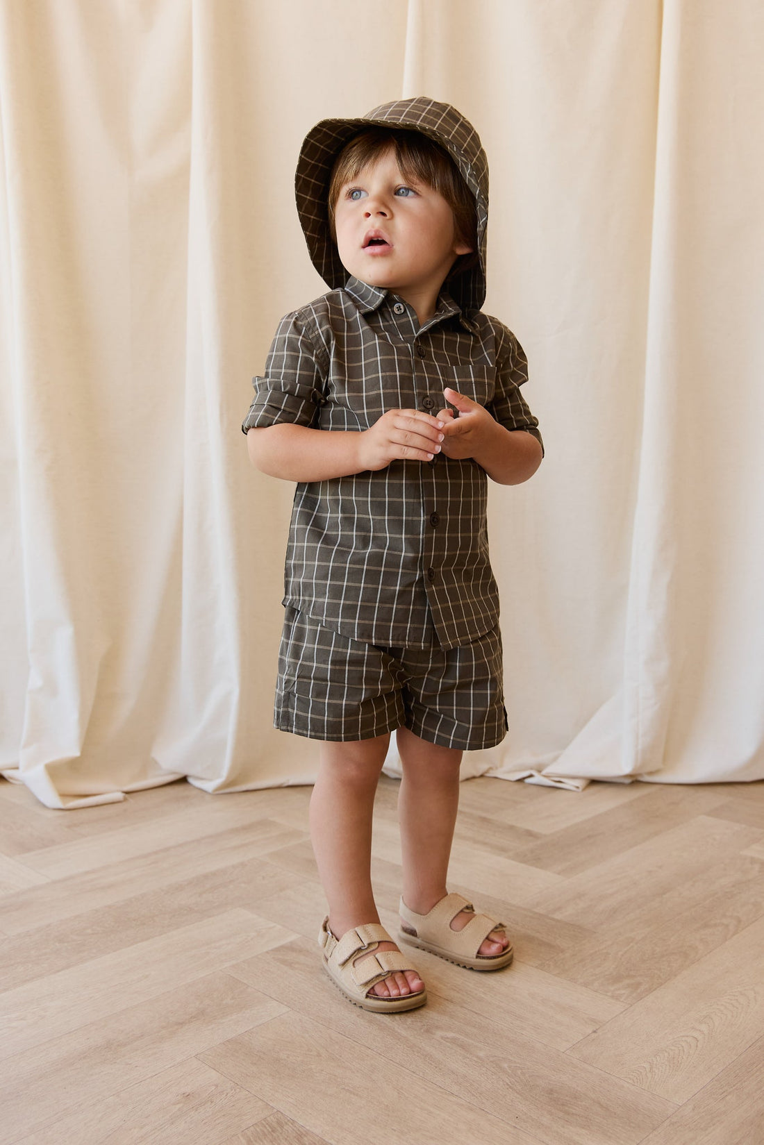 Organic Cotton Silas Short - Variegated Grid Tarmac Childrens Short from Jamie Kay Australia