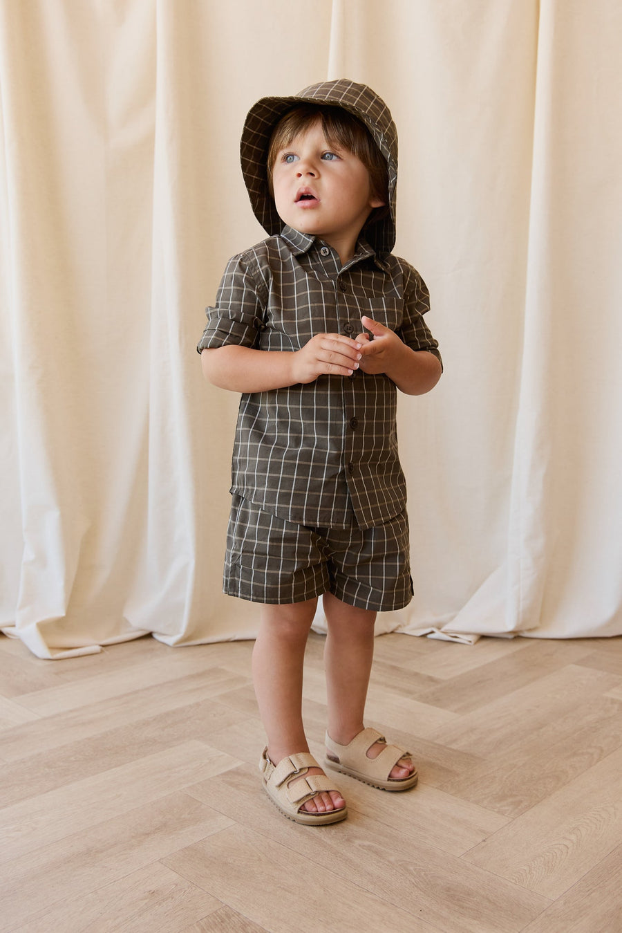 Organic Cotton Silas Short - Variegated Grid Tarmac Childrens Short from Jamie Kay Australia
