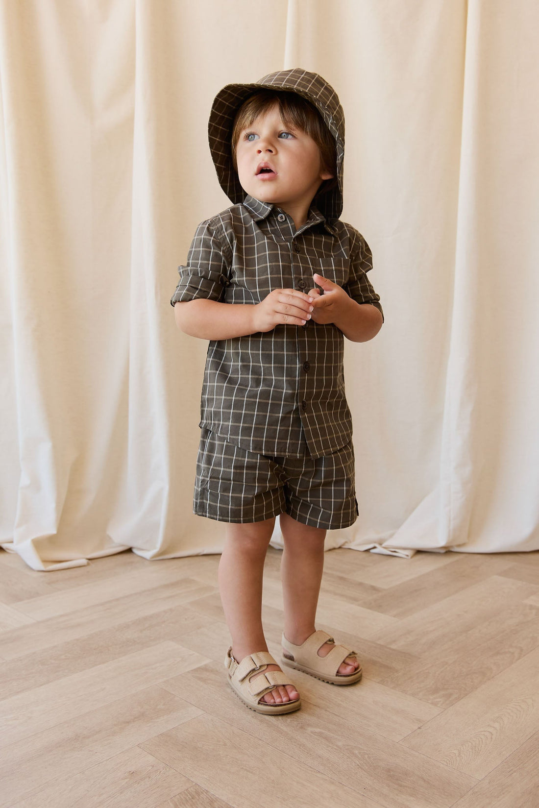 Organic Cotton Silas Short - Variegated Grid Tarmac Childrens Short from Jamie Kay Australia