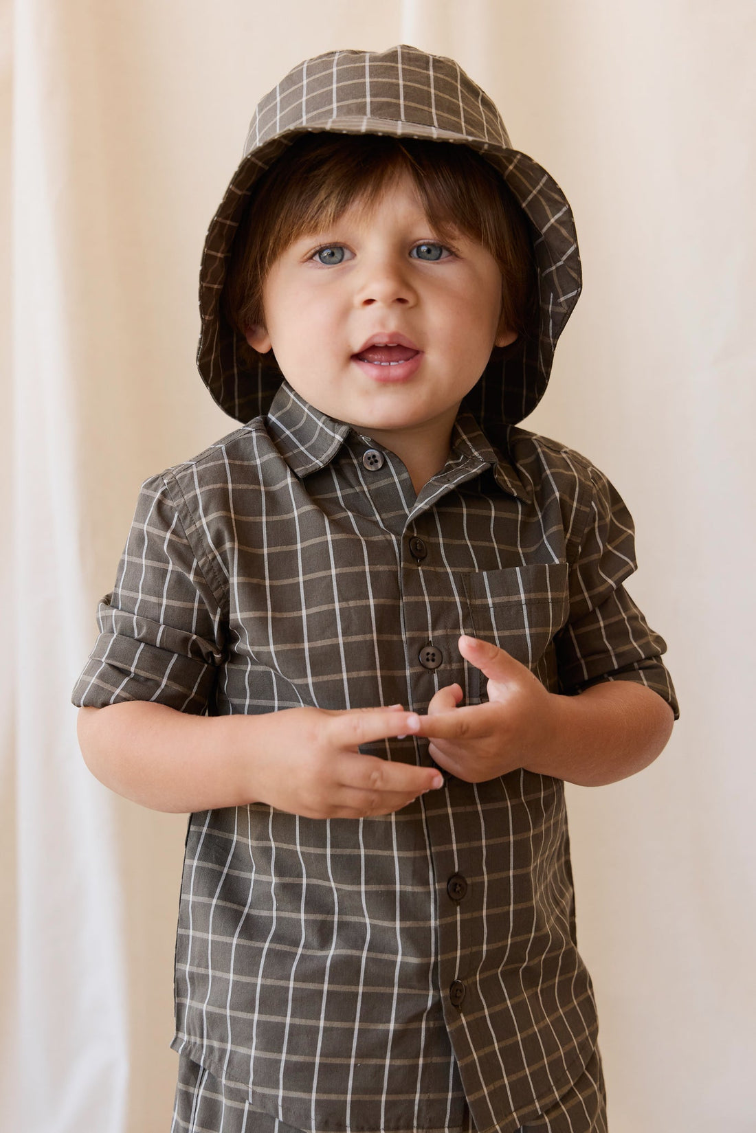 Organic Cotton Bucket Hat - Variegated Grid Tarmac Childrens Hat from Jamie Kay Australia
