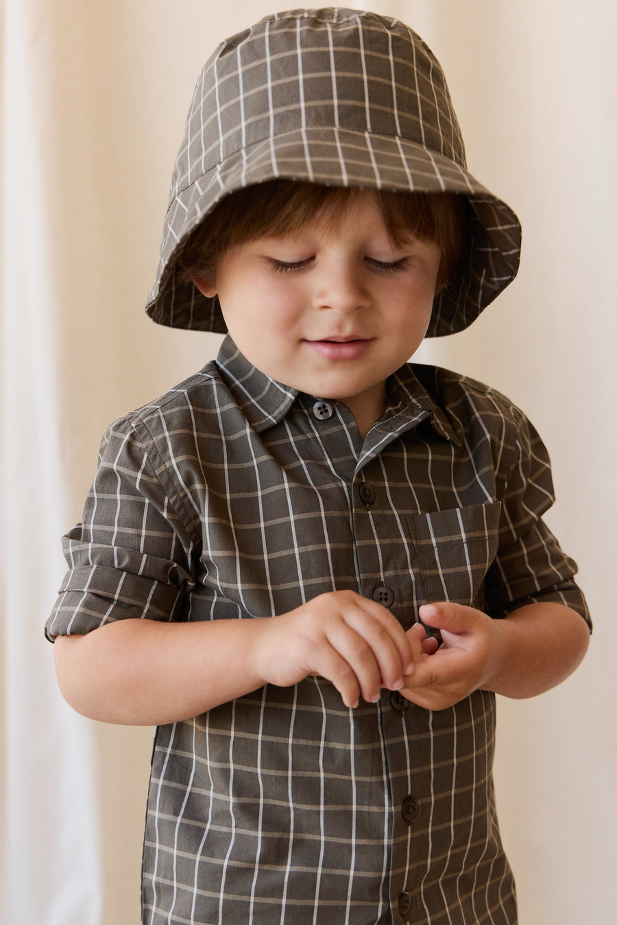 Organic Cotton Bucket Hat - Variegated Grid Tarmac Childrens Hat from Jamie Kay Australia