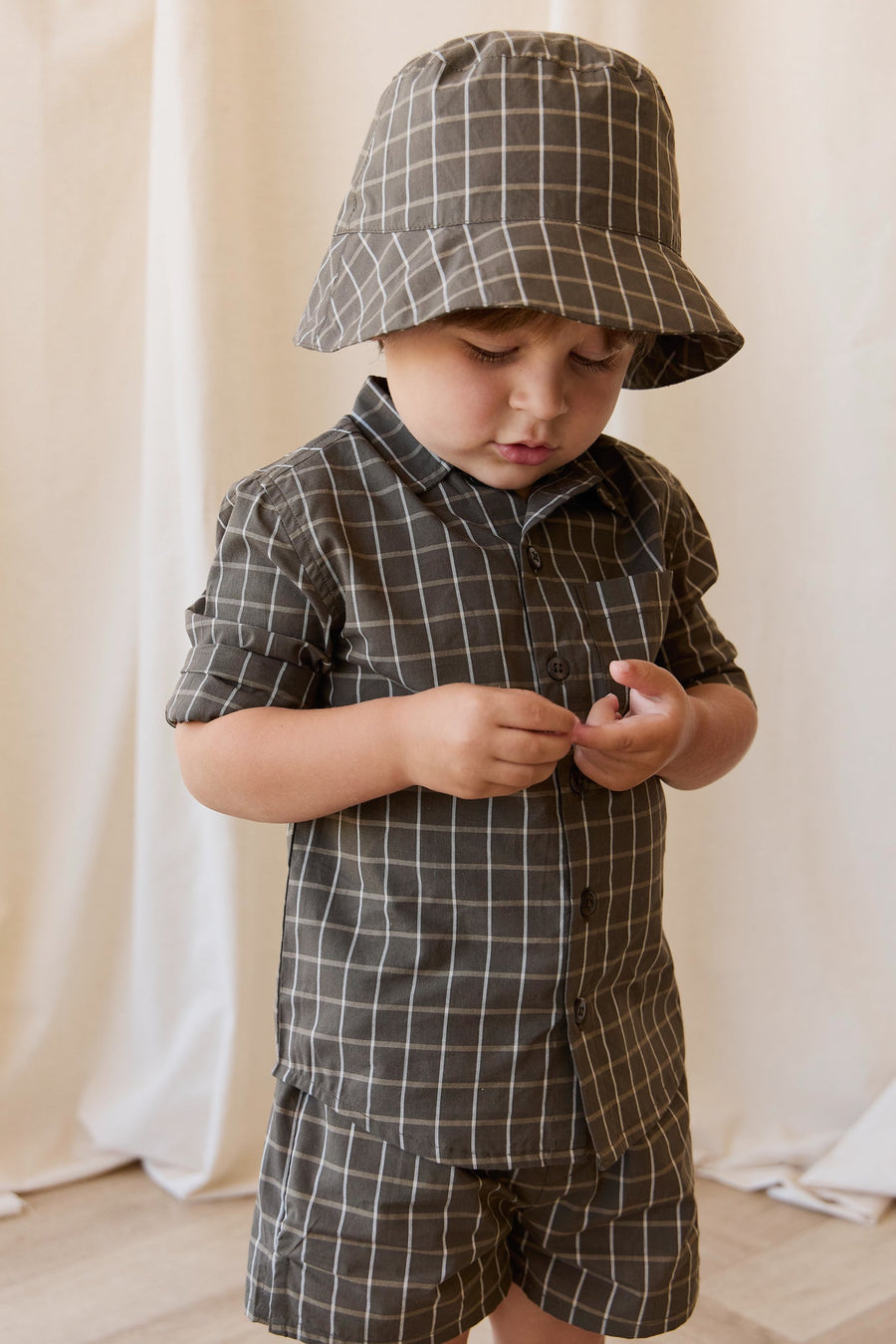 Organic Cotton Bucket Hat - Variegated Grid Tarmac Childrens Hat from Jamie Kay Australia
