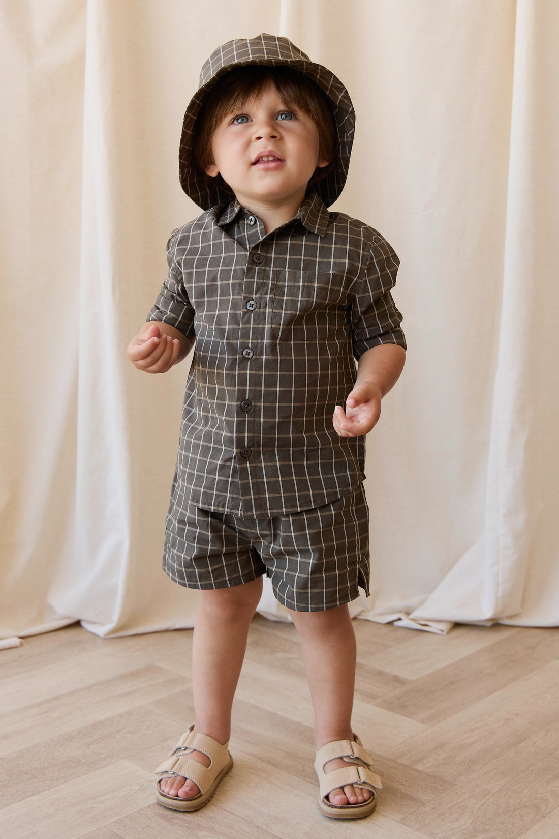 Organic Cotton Silas Short - Variegated Grid Tarmac Childrens Short from Jamie Kay Australia
