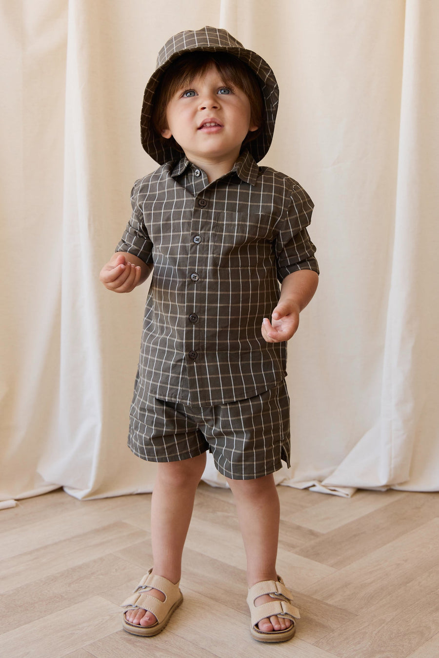 Organic Cotton Silas Short - Variegated Grid Tarmac Childrens Short from Jamie Kay Australia