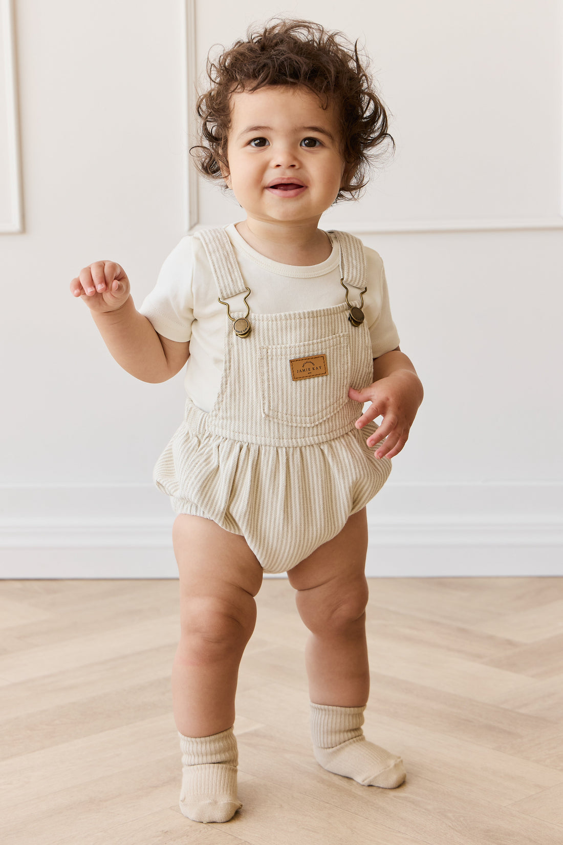 Pax Playsuit - Fine Vertical Stripe Sandy Brown/Cloud Childrens Playsuit from Jamie Kay Australia