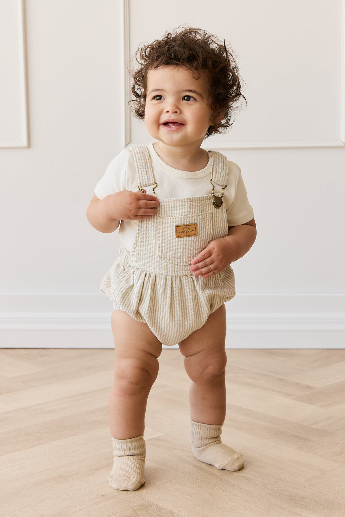 Pax Playsuit - Fine Vertical Stripe Sandy Brown/Cloud Childrens Playsuit from Jamie Kay Australia