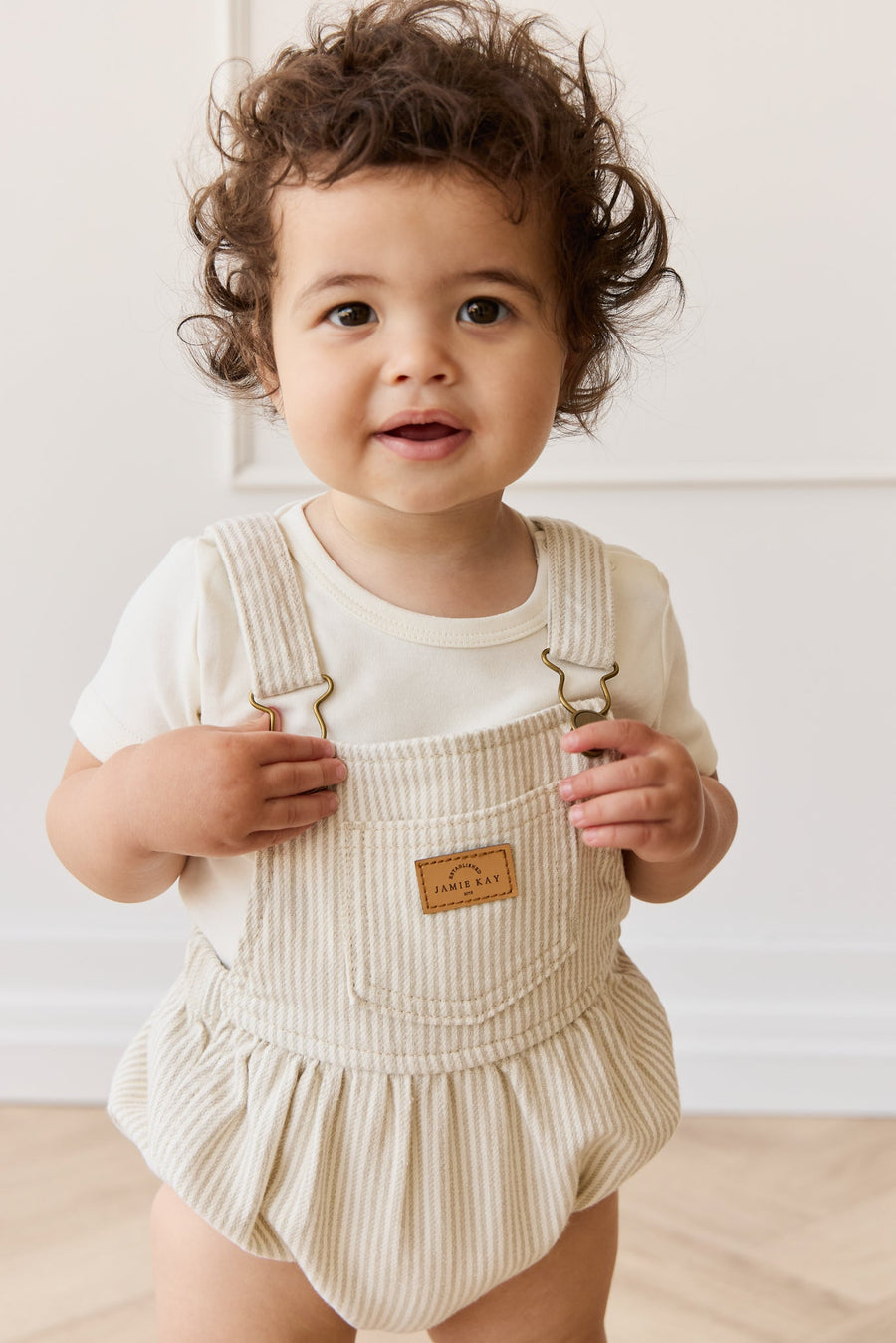 Pax Playsuit - Fine Vertical Stripe Sandy Brown/Cloud Childrens Playsuit from Jamie Kay Australia