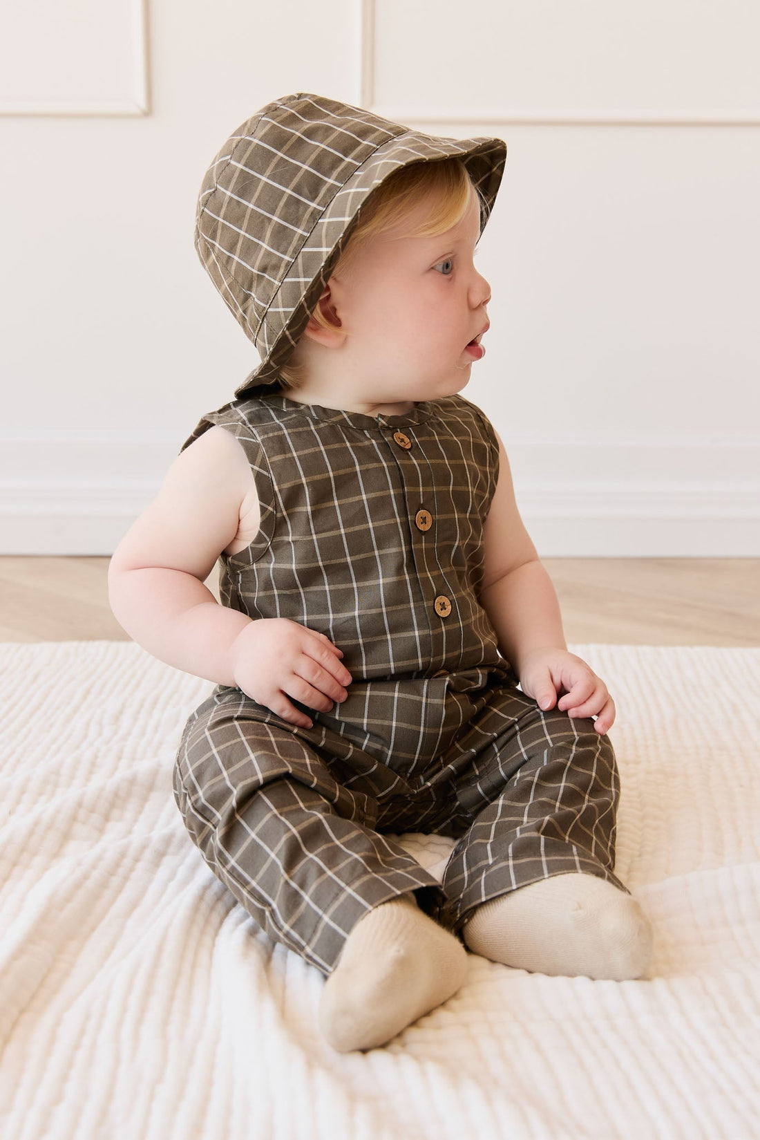 Organic Cotton Bucket Hat - Variegated Grid Tarmac Childrens Hat from Jamie Kay Australia