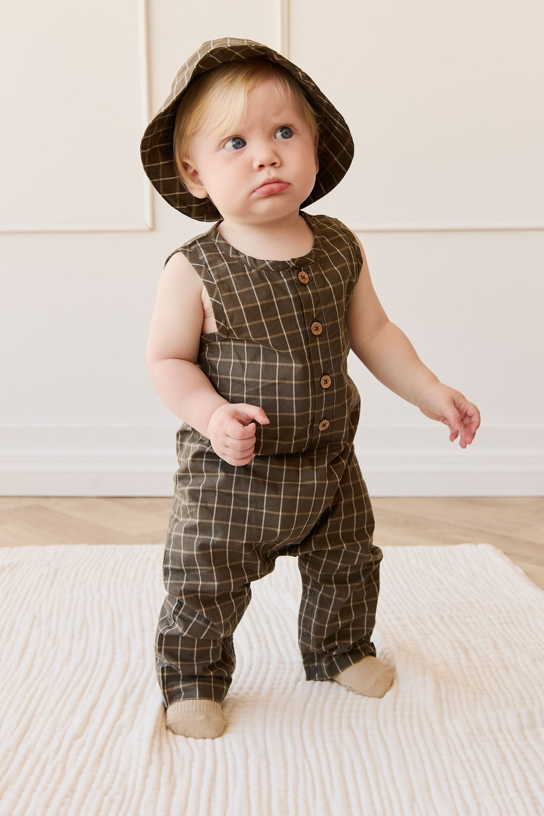 Organic Cotton Milo Jumpsuit - Variegated Grid Tarmac Childrens Jumpsuit from Jamie Kay Australia
