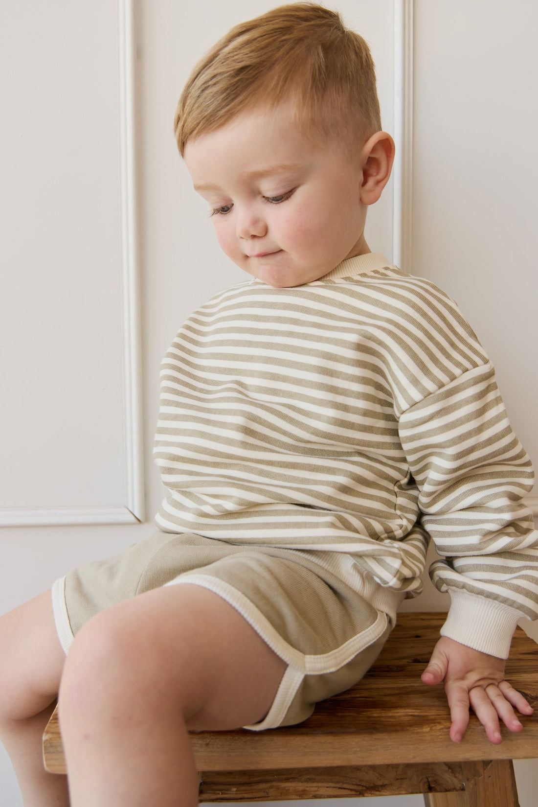 Organic Cotton Peyton Sweatshirt - Slim Stripe Sandy Brown/Cloud Childrens Top from Jamie Kay Australia