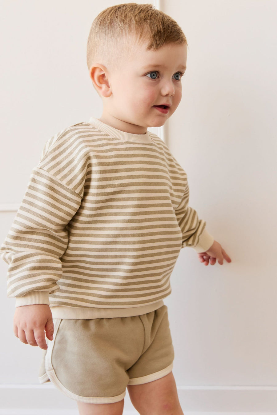 Organic Cotton Peyton Sweatshirt - Slim Stripe Sandy Brown/Cloud Childrens Top from Jamie Kay Australia