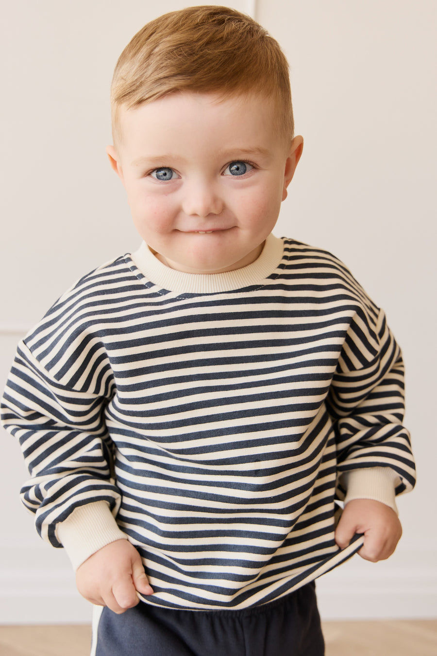 Organic Cotton Peyton Sweatshirt - Slim Stripe Charter/Cloud Childrens Top from Jamie Kay Australia