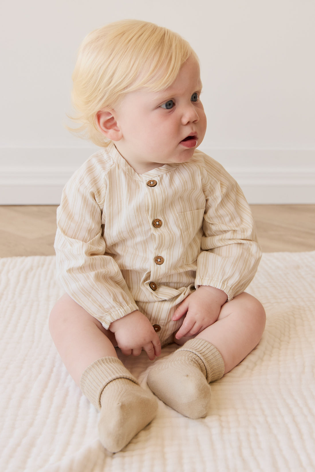 Organic Cotton Ellis Playsuit - Variegated Stripe Foam Childrens Playsuit from Jamie Kay Australia
