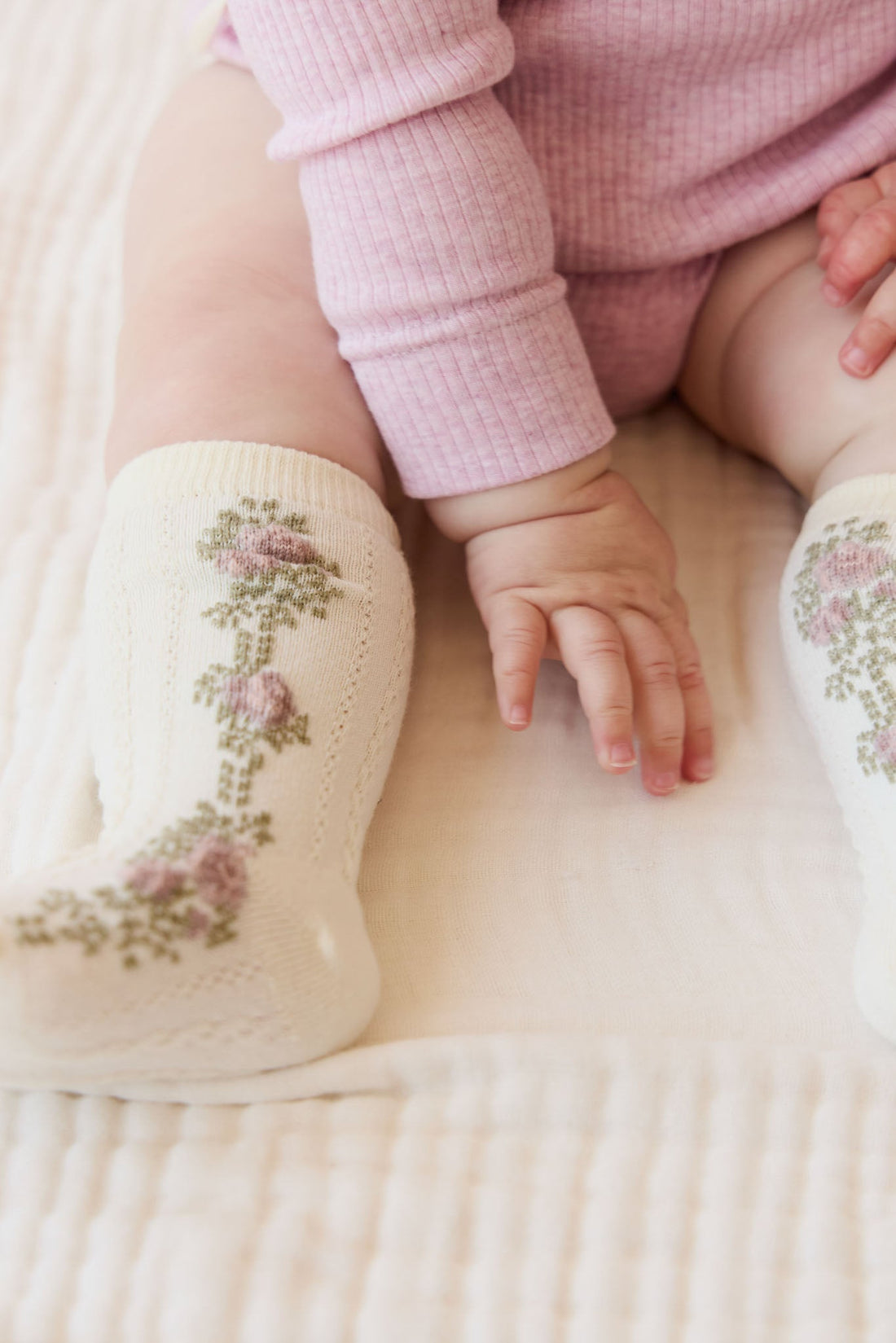 Tasha Floral Jacquard Sock - Egret Childrens Sock from Jamie Kay Australia