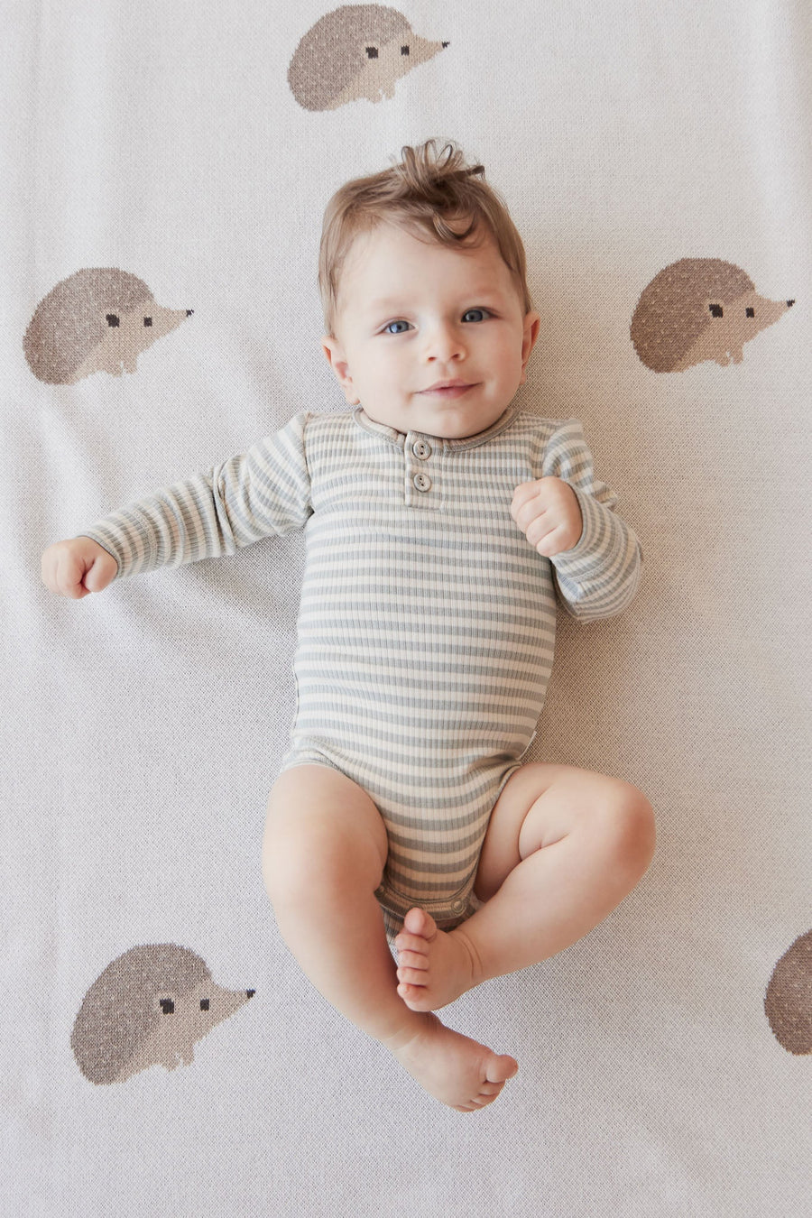 Organic Cotton Modal Long Sleeve Bodysuit - Narrow Stripe Willow/Soft Clay Childrens Bodysuit from Jamie Kay Australia