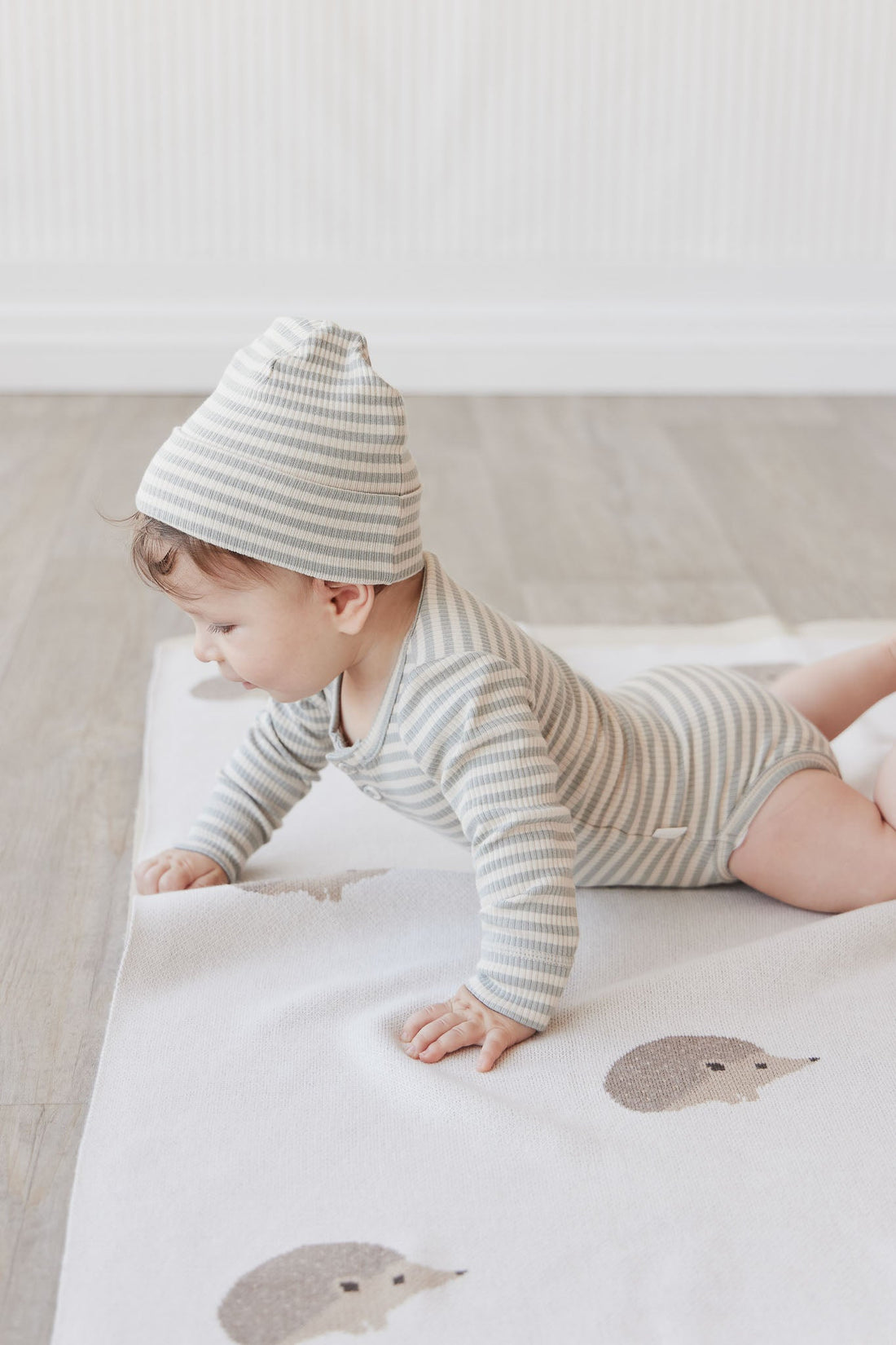 Organic Cotton Modal Long Sleeve Bodysuit - Narrow Stripe Willow/Soft Clay Childrens Bodysuit from Jamie Kay Australia