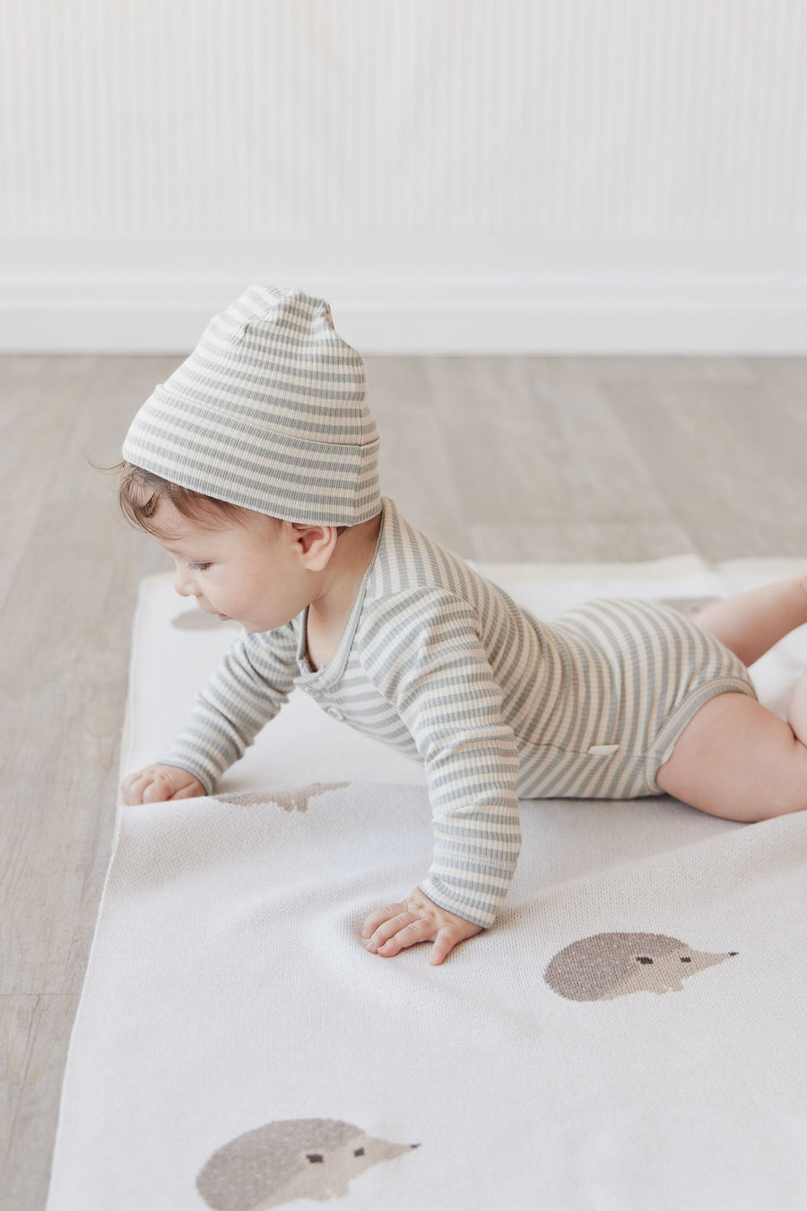 Organic Cotton Modal Lennon Beanie - Narrow Stripe Willow/Soft Clay Childrens Hat from Jamie Kay Australia