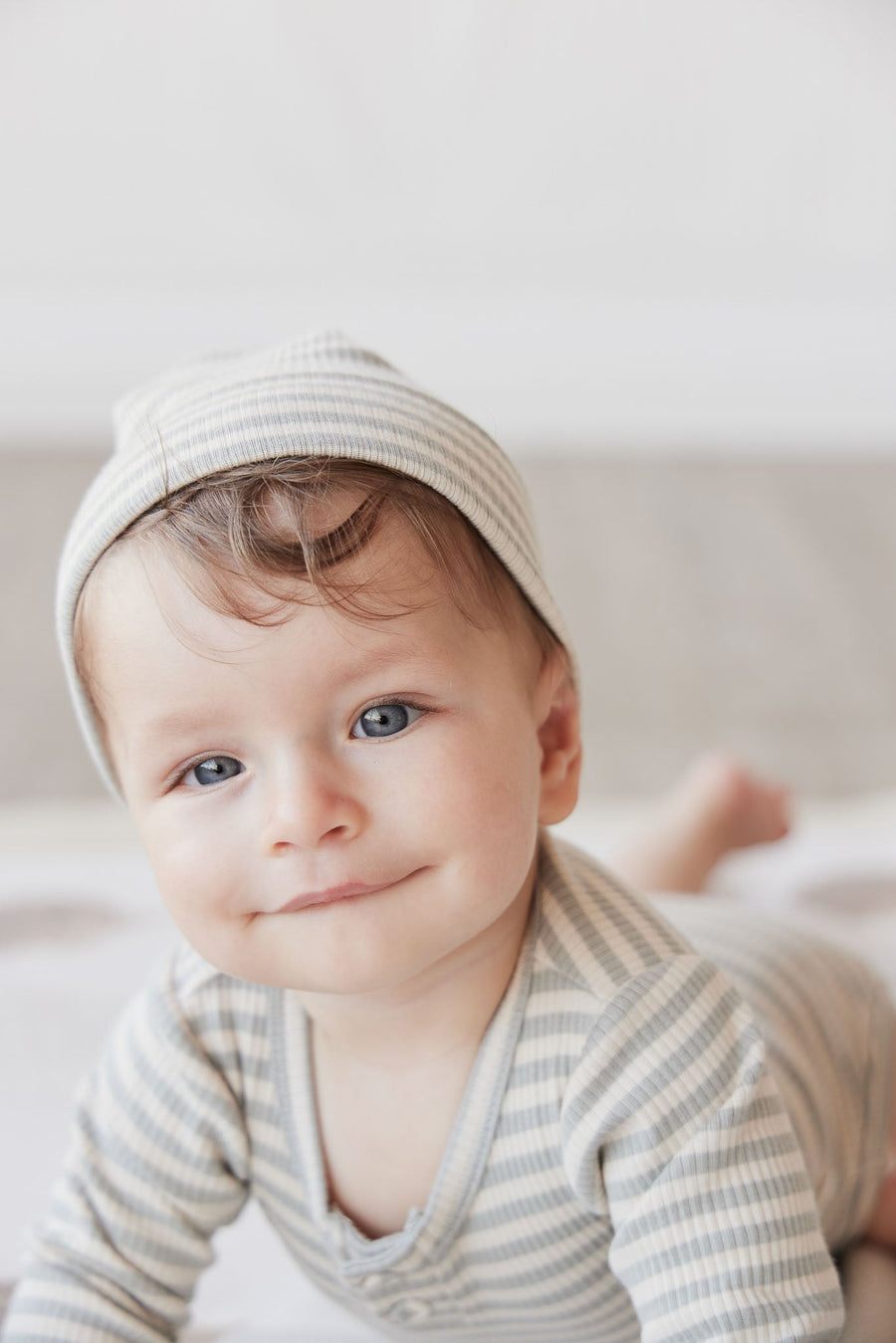 Organic Cotton Modal Lennon Beanie - Narrow Stripe Willow/Soft Clay Childrens Hat from Jamie Kay Australia