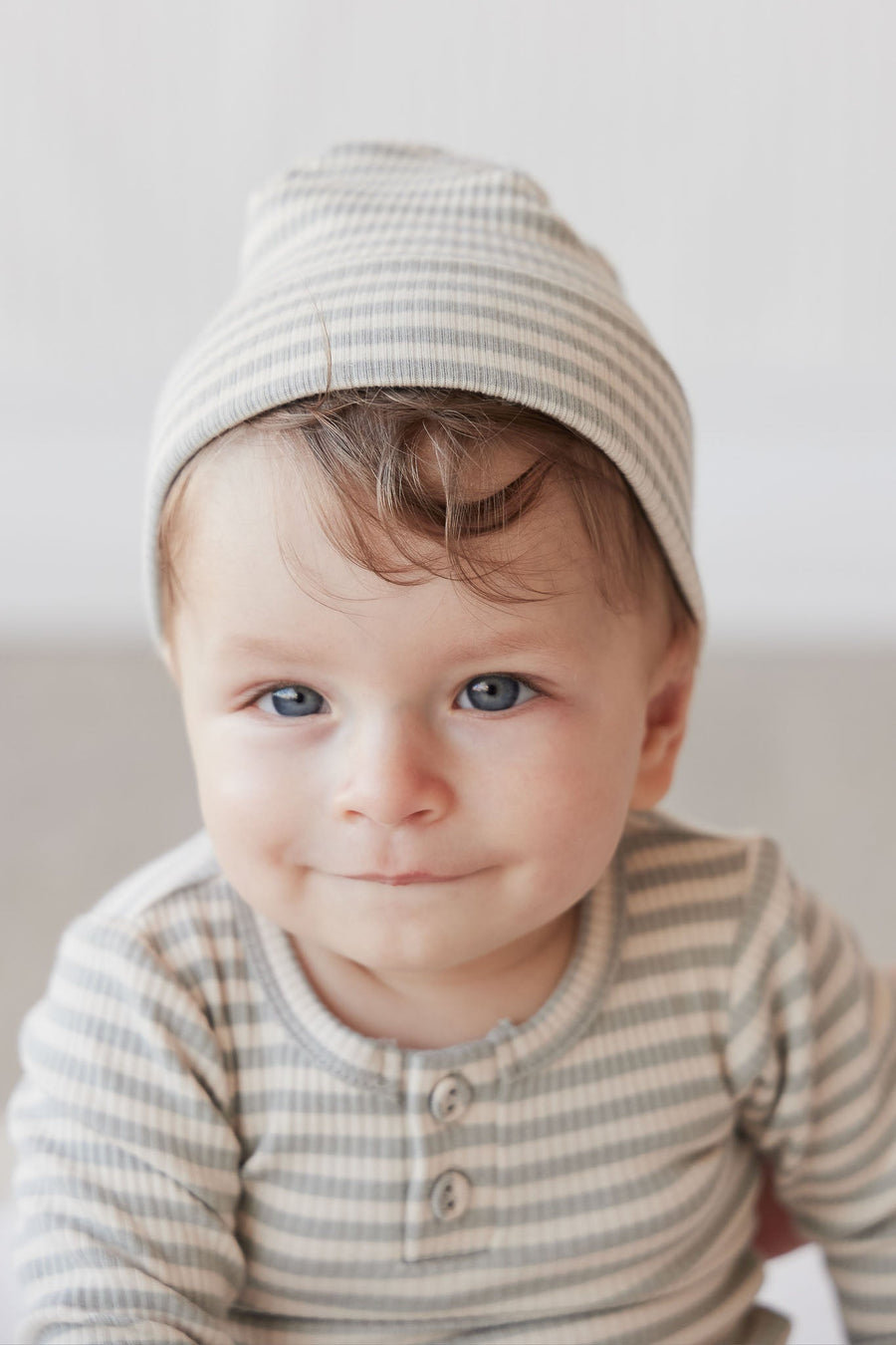 Organic Cotton Modal Lennon Beanie - Narrow Stripe Willow/Soft Clay Childrens Hat from Jamie Kay Australia