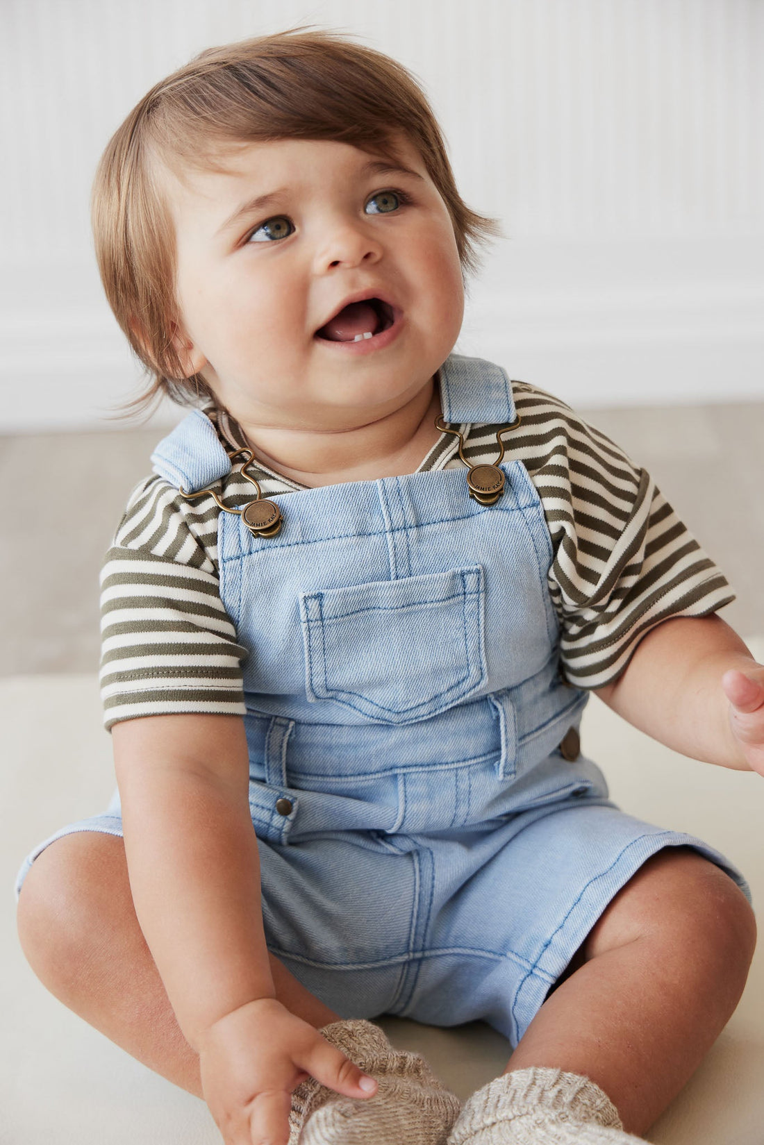 Pima Cotton Hunter Tee - Narrow Stripe Deep Olive/Soft Clay Childrens Top from Jamie Kay Australia