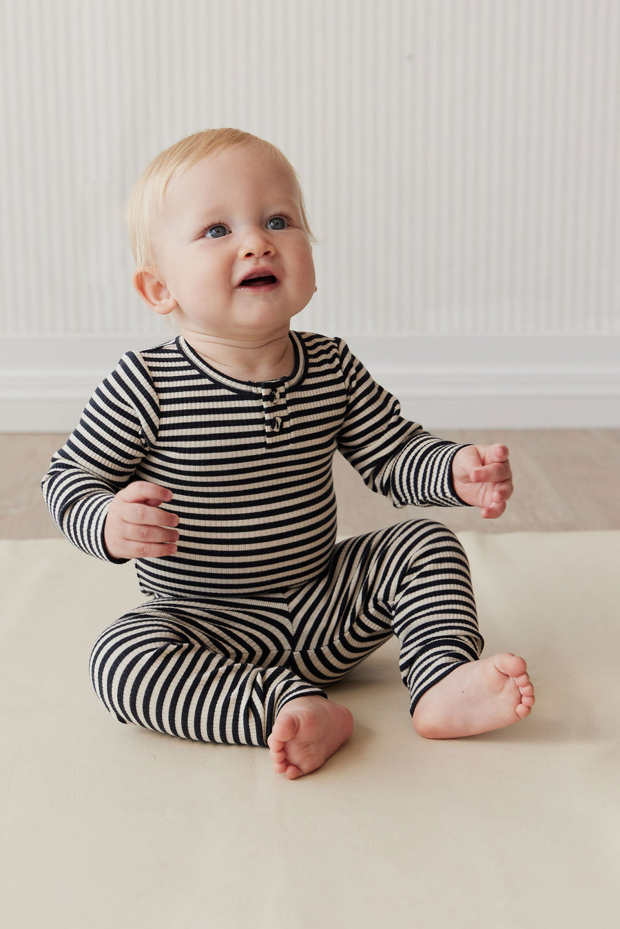 Organic Cotton Modal Long Sleeve Bodysuit - Narrow Stripe Constellation/Soft Clay Childrens Bodysuit from Jamie Kay Australia