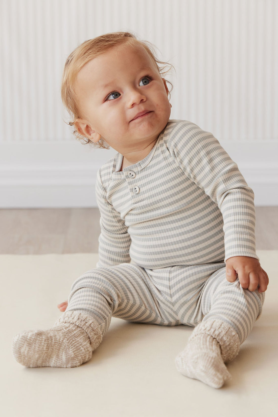 Organic Cotton Modal Long Sleeve Bodysuit - Narrow Stripe Willow/Soft Clay Childrens Bodysuit from Jamie Kay Australia