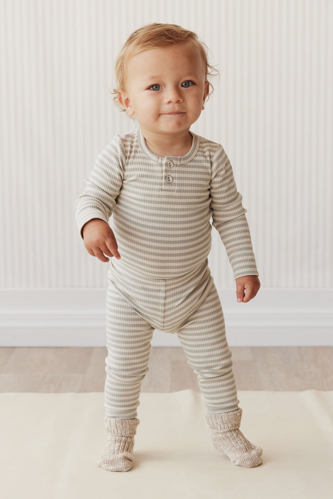 Organic Cotton Modal Long Sleeve Bodysuit - Narrow Stripe Willow/Soft Clay Childrens Bodysuit from Jamie Kay Australia