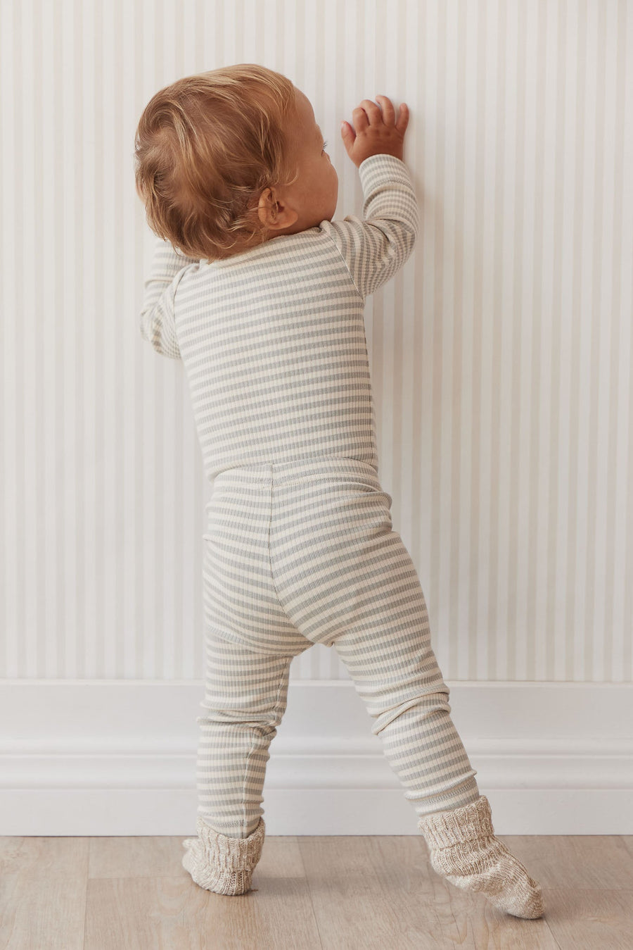 Organic Cotton Modal Long Sleeve Bodysuit - Narrow Stripe Willow/Soft Clay Childrens Bodysuit from Jamie Kay Australia