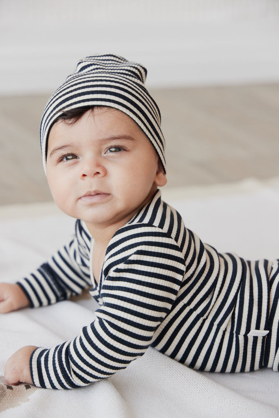 Organic Cotton Modal Long Sleeve Bodysuit - Narrow Stripe Constellation/Soft Clay Childrens Bodysuit from Jamie Kay Australia