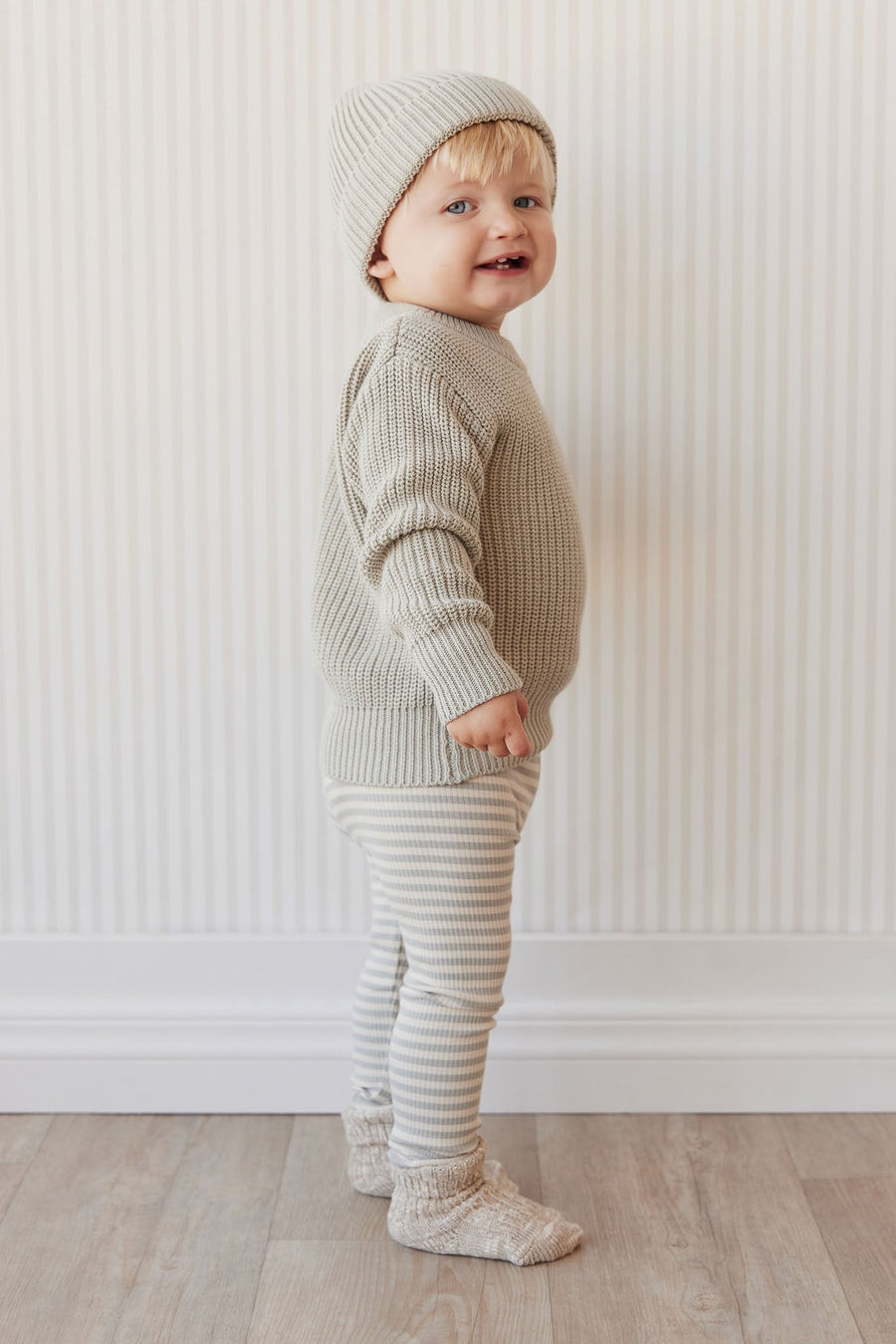 Organic Cotton Modal Everyday Legging - Narrow Stripe Willow/Soft Clay Childrens Legging from Jamie Kay Australia