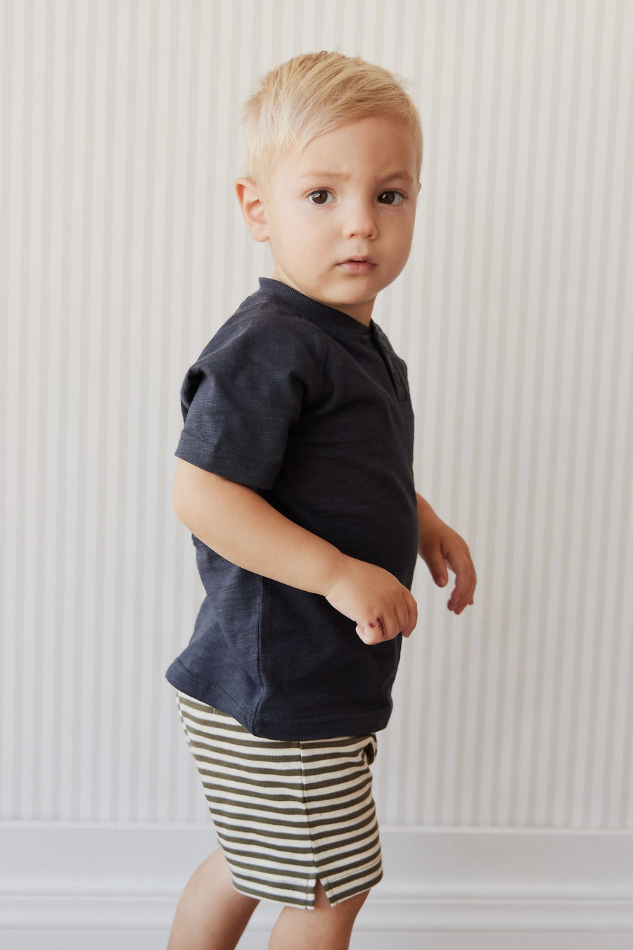 Pima Cotton Marley Short - Narrow Stripe Deep Olive/Soft Clay Childrens Short from Jamie Kay Australia