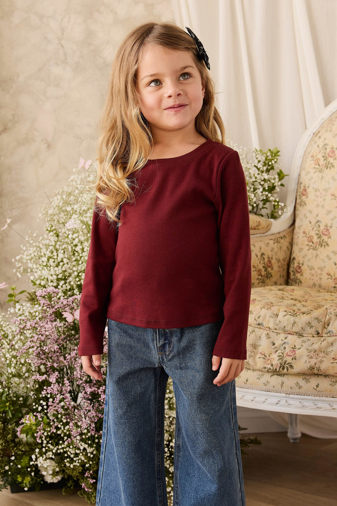Organic Cotton Rib Helene Long Sleeve Top - Burgundy Childrens Top from Jamie Kay Australia
