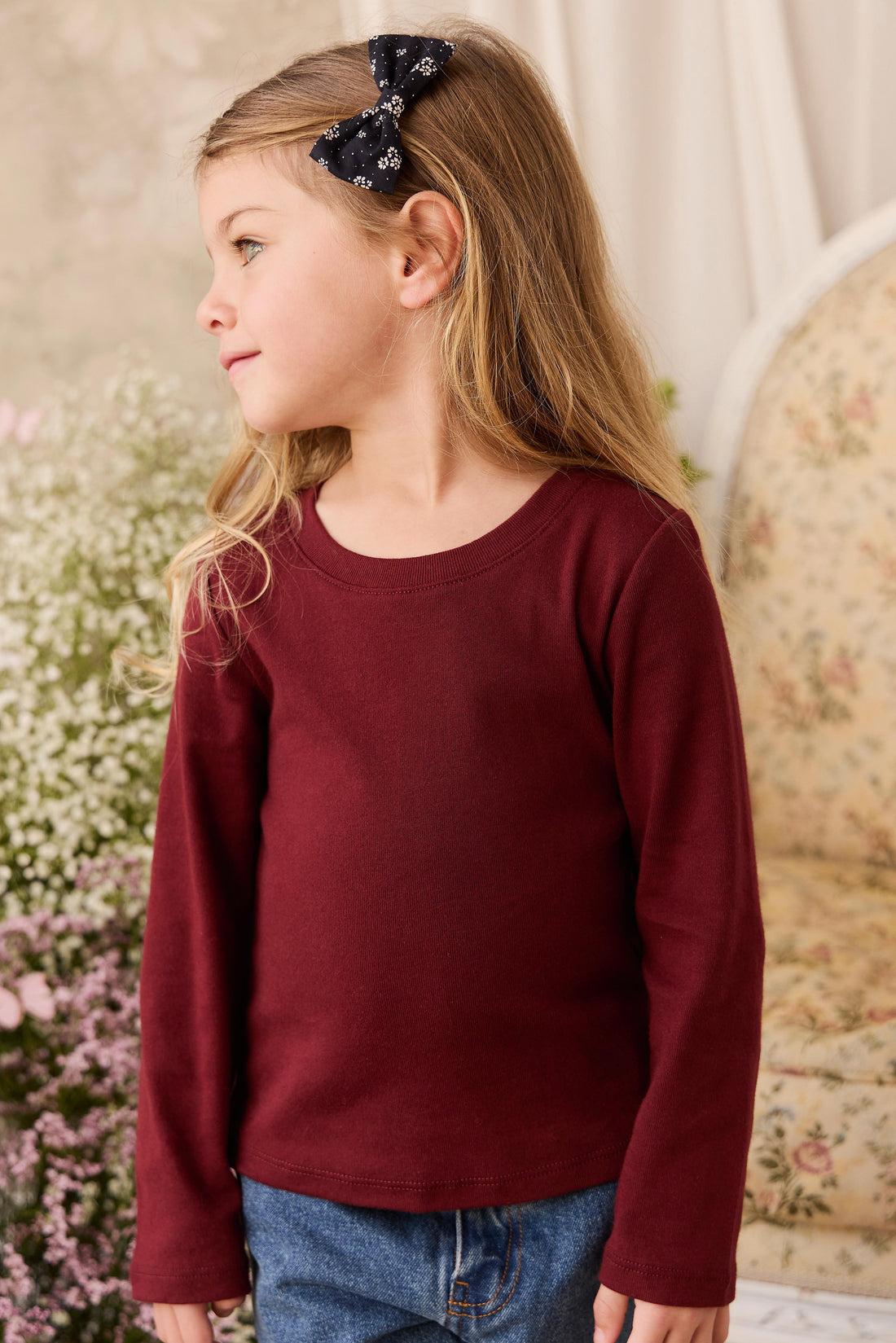 Organic Cotton Rib Helene Long Sleeve Top - Burgundy Childrens Top from Jamie Kay Australia
