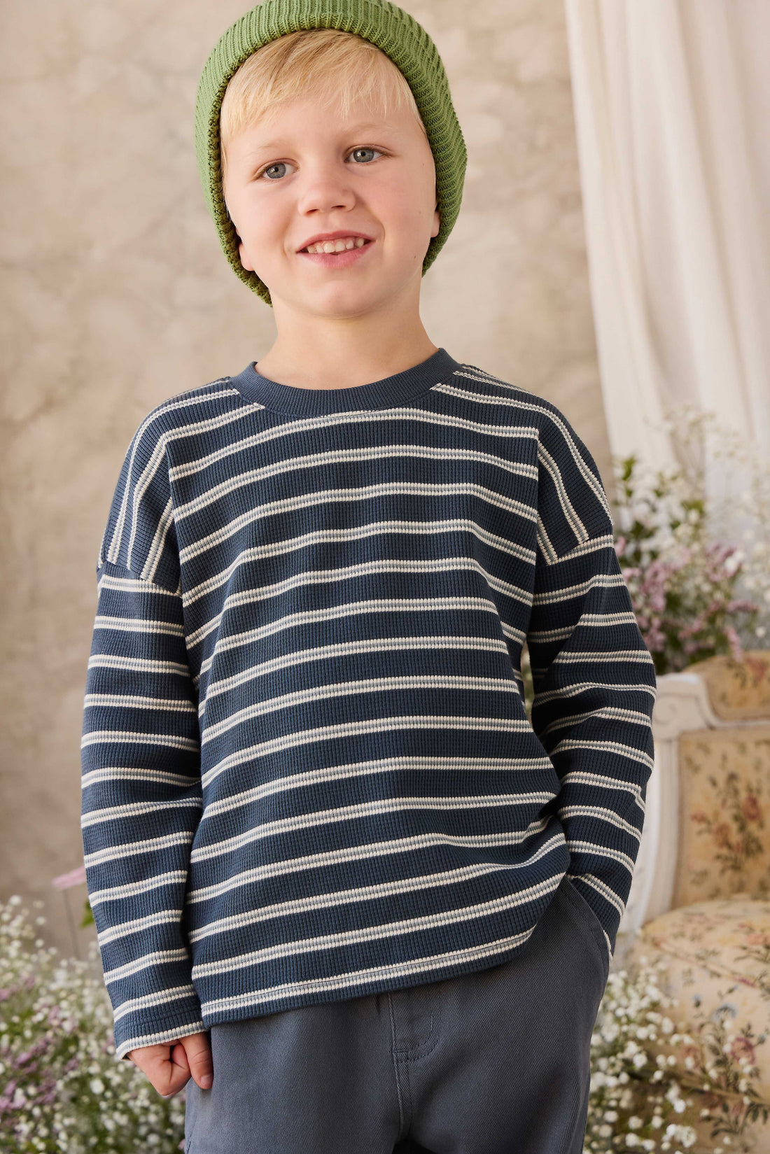 Organic Cotton Waffle Leith Long Sleeve Top - Dreamer Stripe Captain Childrens Top from Jamie Kay Australia