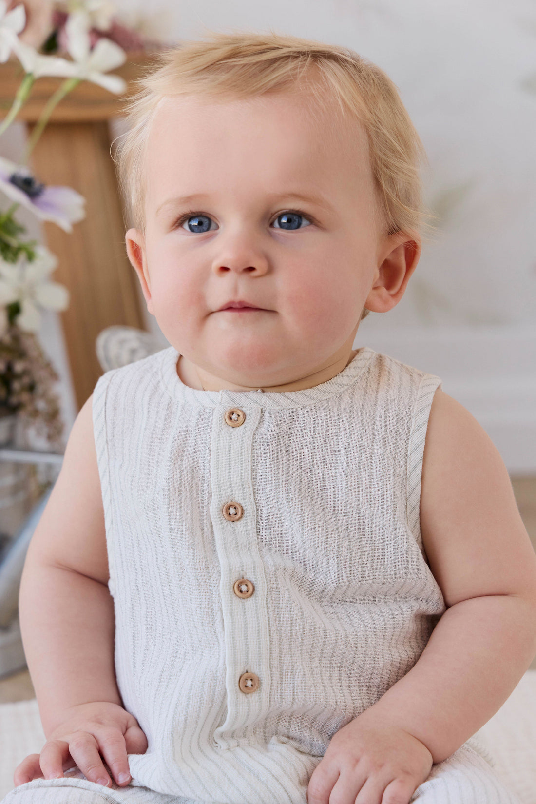 Organic Cotton Milo Jumpsuit - Mini Pinstripe Cloud / Duck Egg Blue Childrens Jumpsuit from Jamie Kay Australia