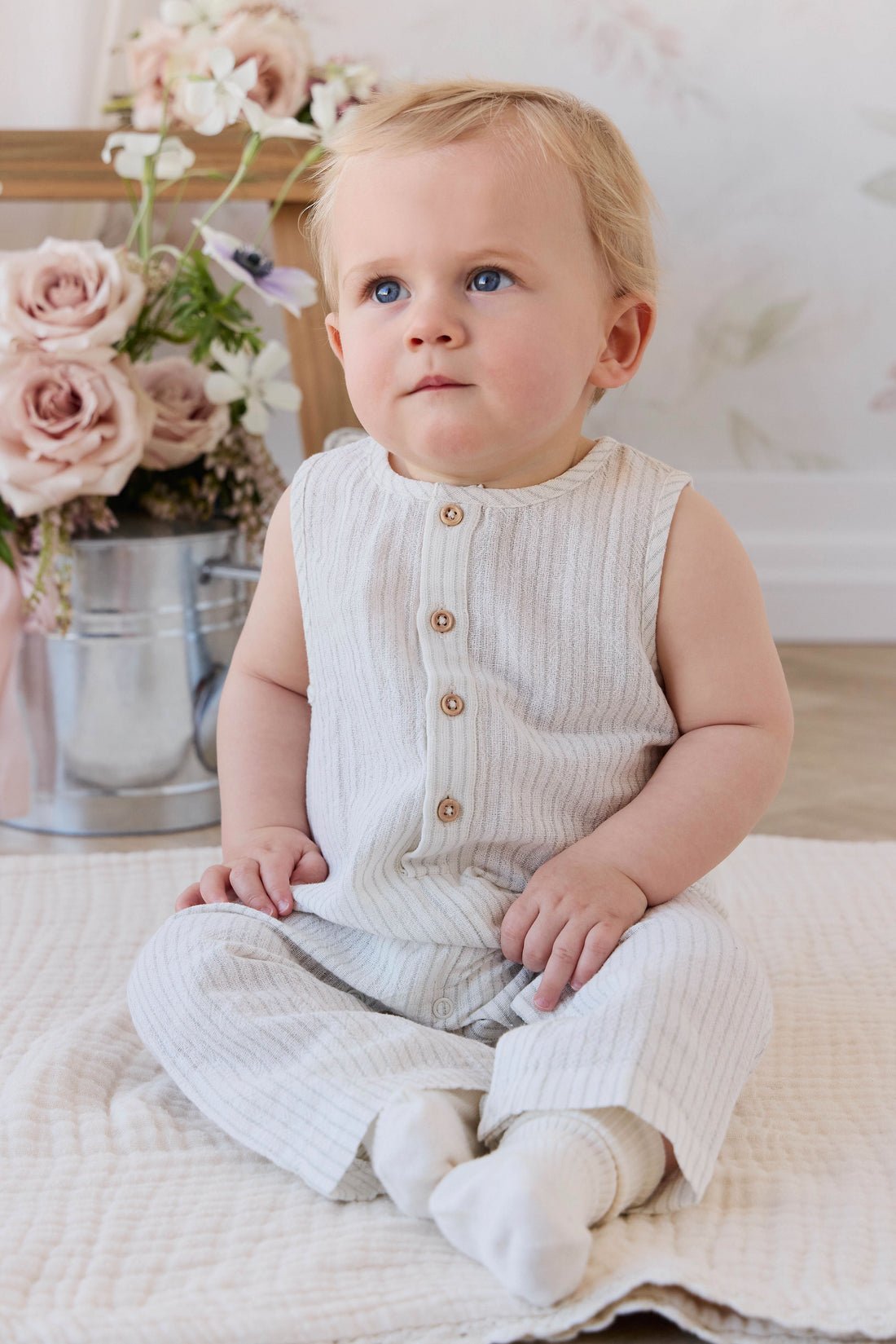Organic Cotton Milo Jumpsuit - Mini Pinstripe Cloud / Duck Egg Blue Childrens Jumpsuit from Jamie Kay Australia