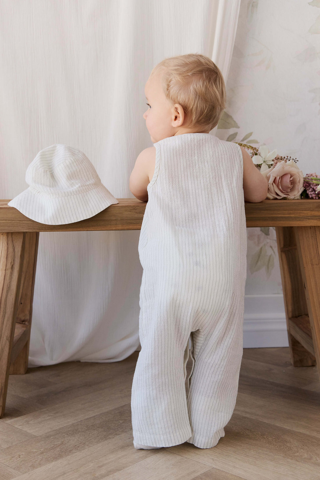 Organic Cotton Bucket Hat - Mini Pinstripe Cloud / Duck Egg Blue Childrens Hat from Jamie Kay Australia