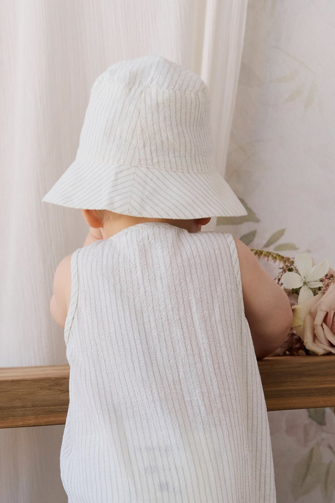 Organic Cotton Bucket Hat - Mini Pinstripe Cloud / Duck Egg Blue Childrens Hat from Jamie Kay Australia