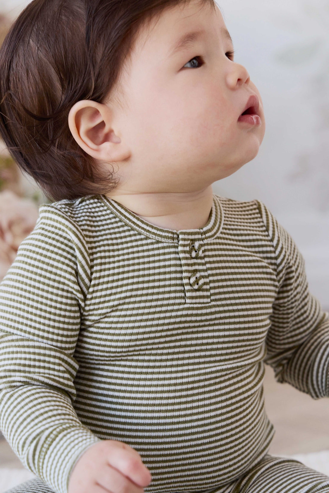 Organic Cotton Modal Long Sleeve Bodysuit - Petite Stripe Avocado Oil / Cloud Childrens Bodysuit from Jamie Kay Australia