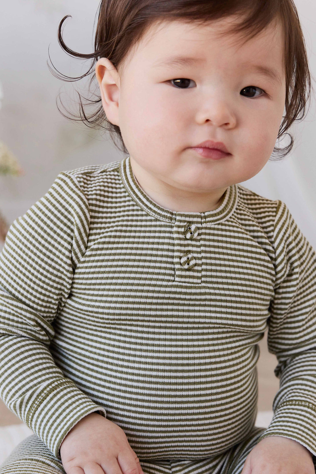 Organic Cotton Modal Long Sleeve Bodysuit - Petite Stripe Avocado Oil / Cloud Childrens Bodysuit from Jamie Kay Australia