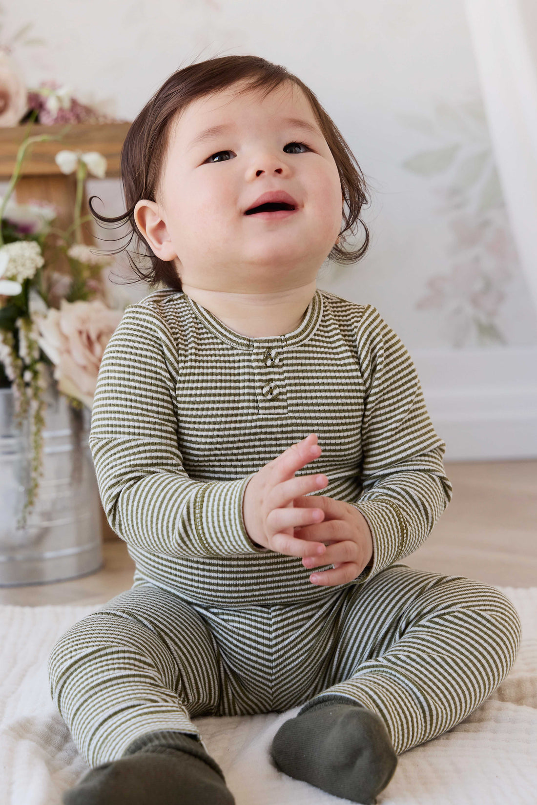 Organic Cotton Modal Long Sleeve Bodysuit - Petite Stripe Avocado Oil / Cloud Childrens Bodysuit from Jamie Kay Australia